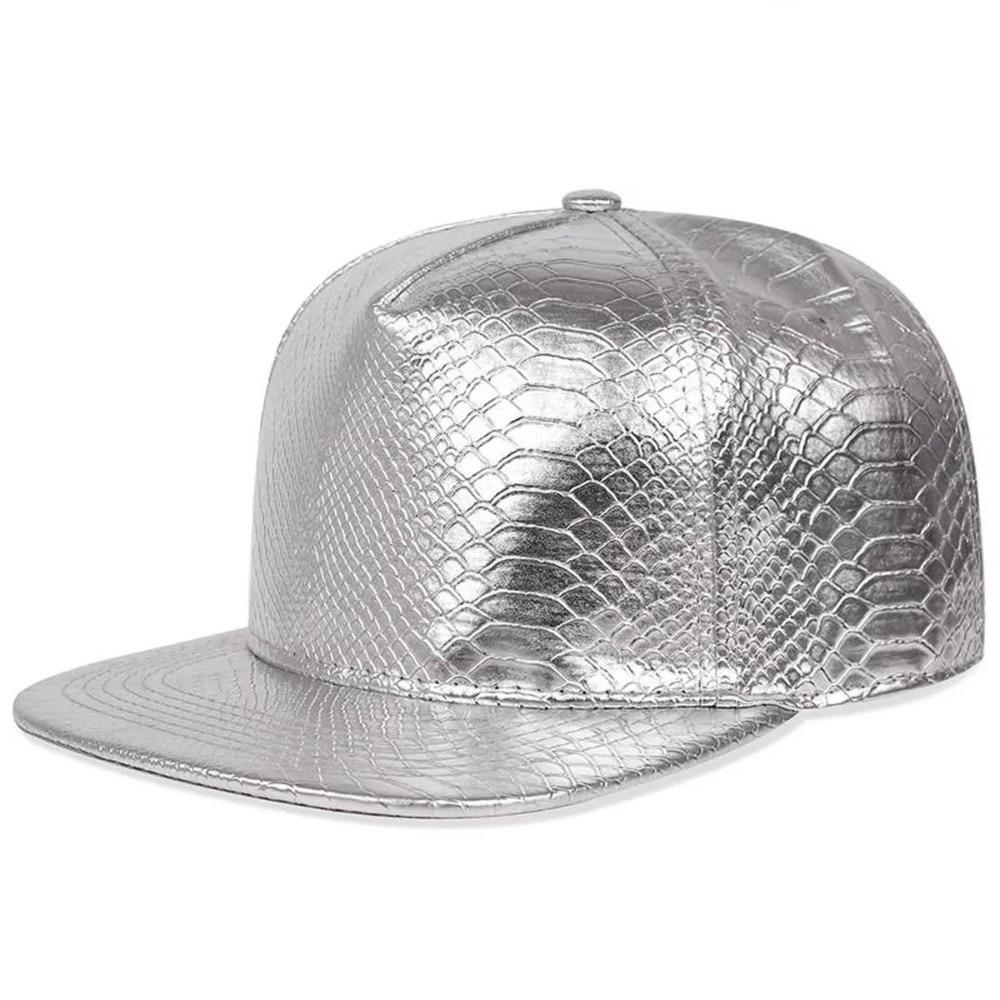 Flat Brim Baseball Cap PU Leather Snapback Hat Fashion Hip-hop Hat Female серебряный