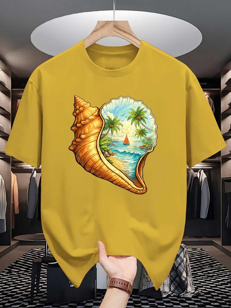 Unisex White Tee Conch Tropical Beach Ocean Scenery Art Graphic Print Crew Neck Short Sleeve Summer Casual Male Cotton Street Top