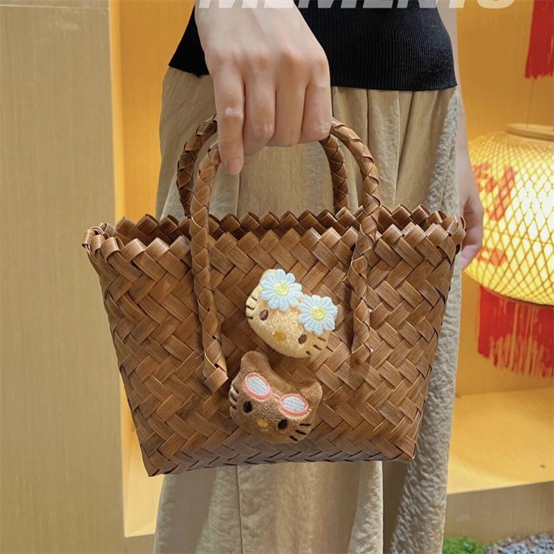 Summer 2025 Cartoon Cat Handbag - Handmade Imitation Rattan Woven Basket for Single Shoulder Use