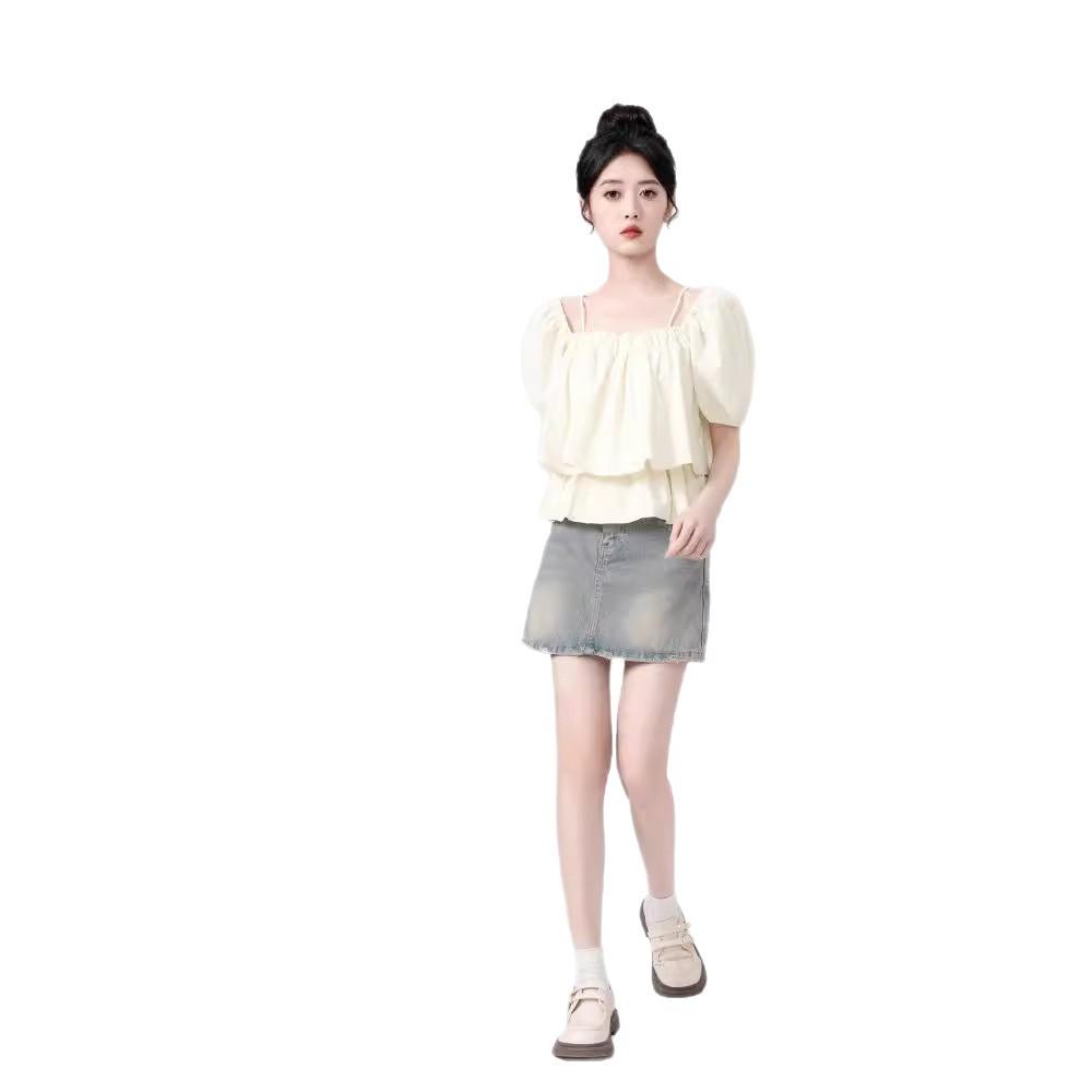 Apricot One-word Shoulder Suspender Doll Shirt Women's Summer New Chic Square Neck Short-sleeved Shirt Short Top