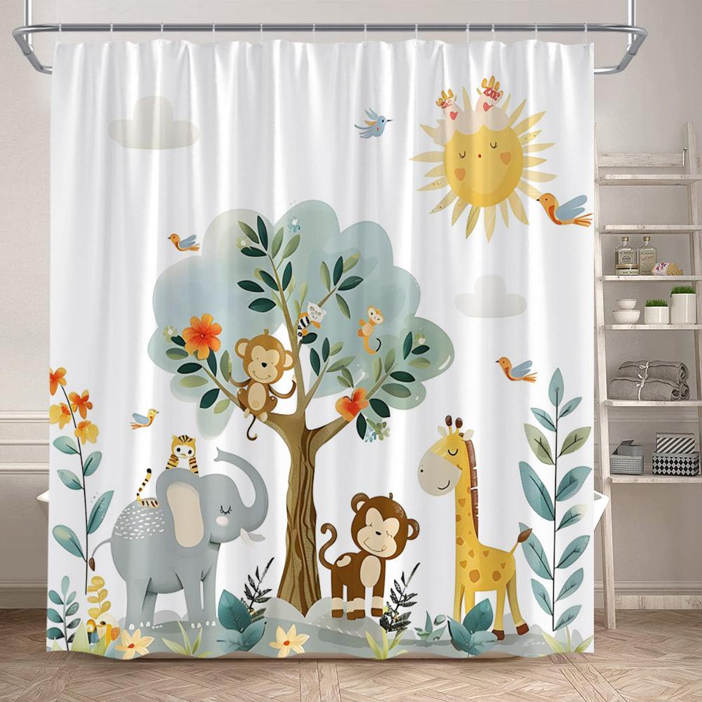 Cartoon Wild Animals Shower Curtains Lion Elephant Giraffe Monkey Forest Wildlife Kids Bath Curtain Fabric Home Bathroom Decor