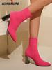 Women High Heels Ankle Sock Boots Knitting Pointed Toe Shoes Chelsea Pumps Boots 2025 Winter New Designer Chunky Zapatos Mujeres