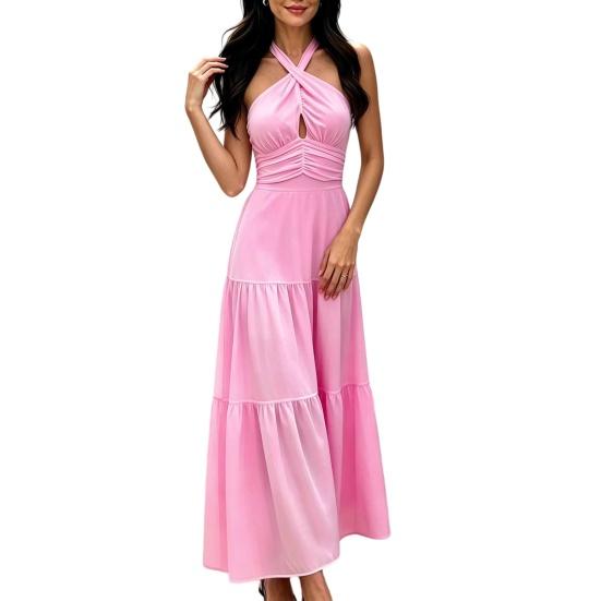 Women's Sleeveless Halter Maxi Dress Crisscross Ruched Backless Tiered A-line Swing