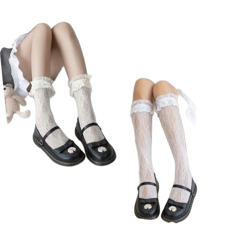 Lolita JK Lace Fishnet Stockings for Women Bow Hollow Soft Sweet Lolita Calf Socks Ballet Style Over The Knee Socks