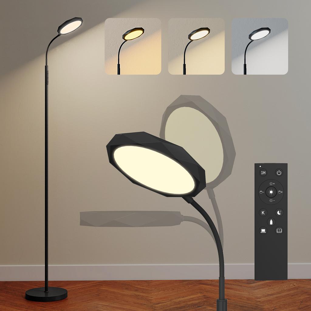 LED Floor Lamp With Remote Control Rotatable Head Brightness And Temperature Adjustment Black