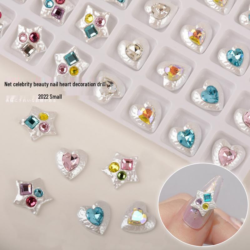 Internet Celebrity Nail Art: Pearl White Crystal Heart Rhinestone Star Spray Paint Alloy Decorations