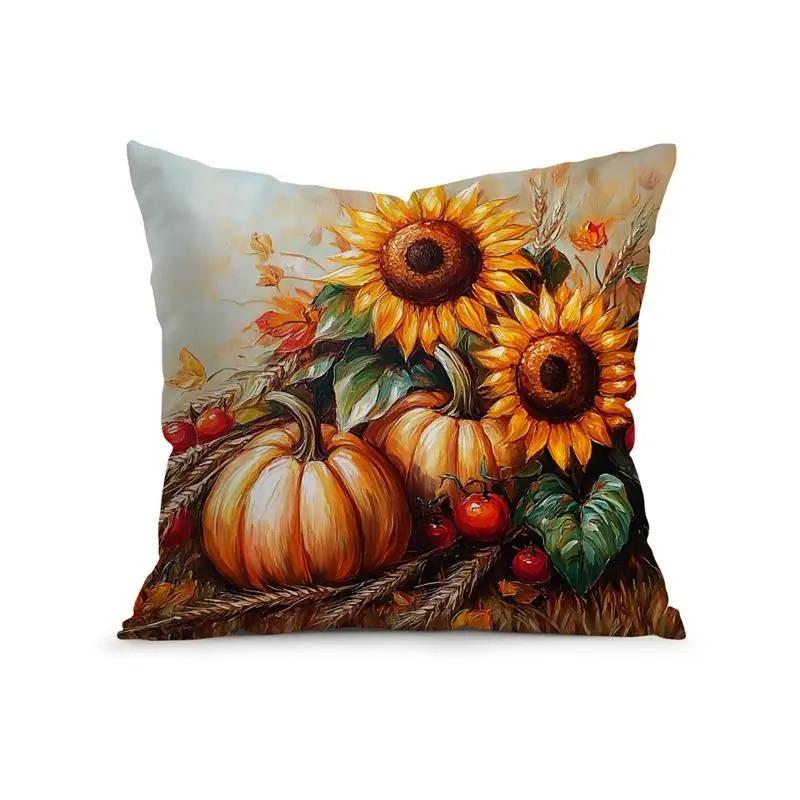 Home Decor Sunflowers & Pumpkins Fall Season Pillow Cover Pattern Cushion Cover Suitable for Sofa Bedroom Car Pillow Cover