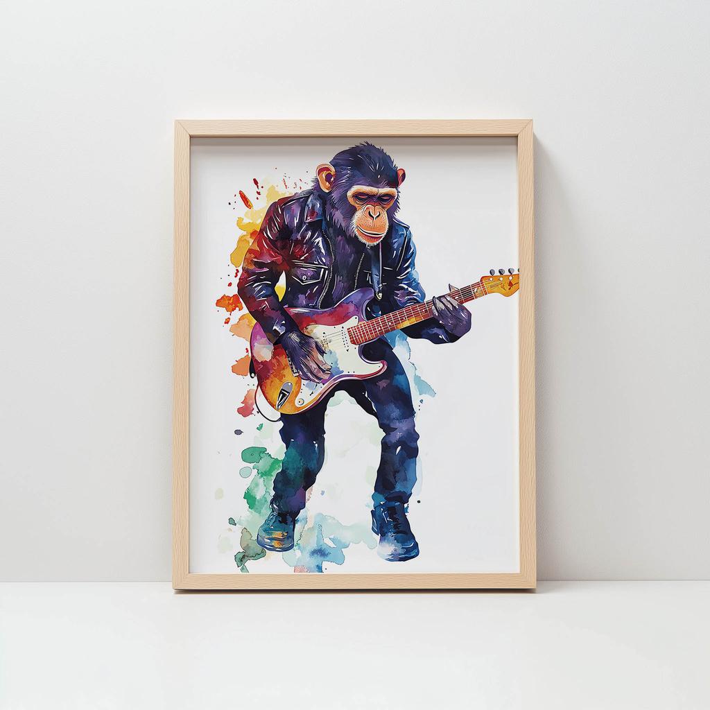 Plakat Małpa Z Gitarą Plakat Małpa Z Gitarą, 50X70 Cm, Rama Drewniana Jasny Dąb, Papier Matowy 230 Gsm