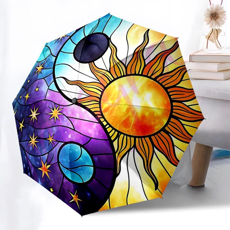 

1pc Stained Glass Yin Yang Sun Moon Stars Auto Open Close Umbrella, Portable Tri-Fold Design with 8-Bone Iron Frame, Outdoor Umbrella, Festival Gift f