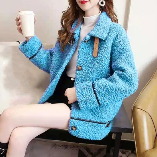 Winter Women Coat Single-breasted Turn-down Collar Long Sleeves Loose Thick Plush Pockets Belt Decor Windproof Warm Jacket