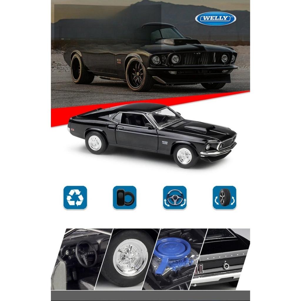 WELLY 1/24 1969 Ford Mustang Boss 429 Sports Car Alloy Scale Car Model Diecast Metal Static Collection Children Toy Car Vehicle