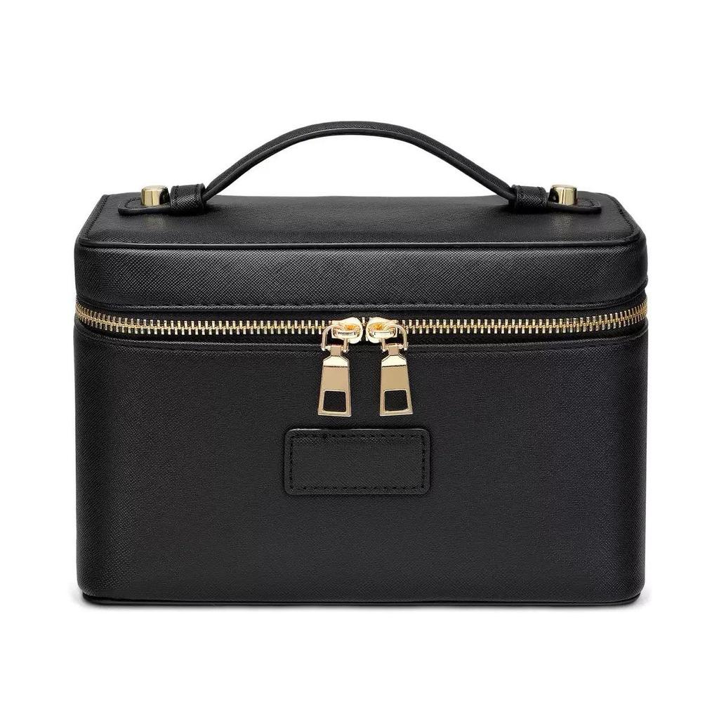 Portable Cross-Grain Leather Cosmetic Bag with Gold Hardware - Makeup and Skincare Travel Organizer