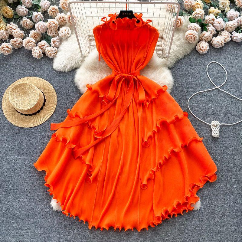 Wooden Ear Silm Long Pleated Chiffon Dress