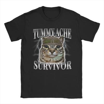 Tummy Ache Survivor Cat Meme Funny Saying Cats Animals T Shirts Summer Cotton TShirts for Men Women Trending Casual Tee Shirt