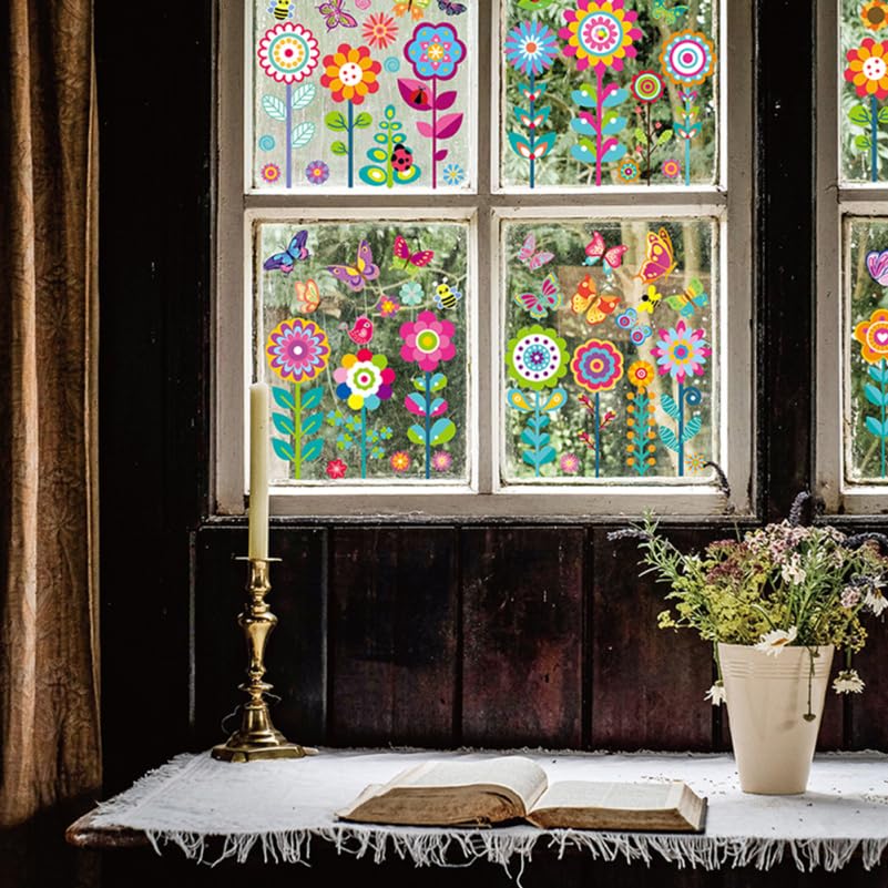 Amosfun Set Spring Window Static Flower and Butterfly Spring Window Glass Window Interior Window Wall Stickers 9-Piece Stickers Decals, Decoration,