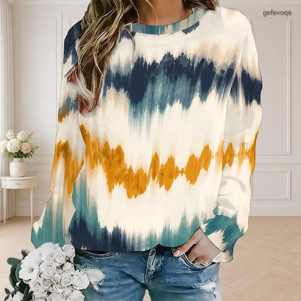 Women Plus Size Tie Dye Printed Round Neck Long Sleeve Pullover Sweatshirt