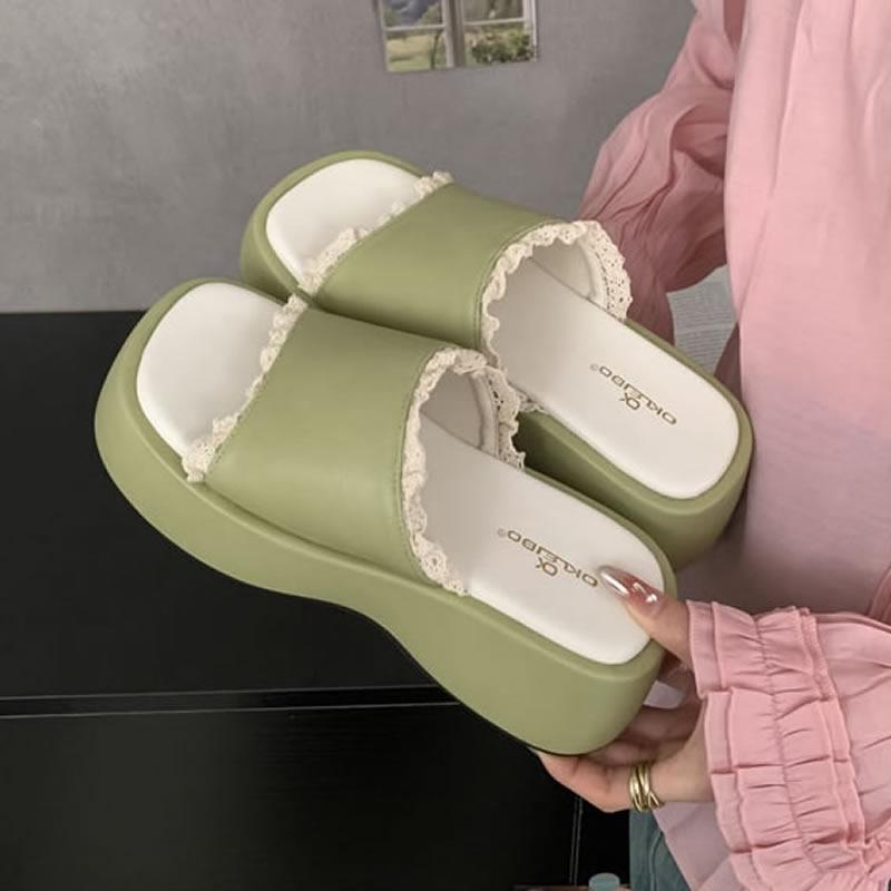 French Thick Heel Women's Open-Toe Summer Outdoor Lace Trim Sweet Slippers Rubber Sole Microfiber Material Ladies Slippers