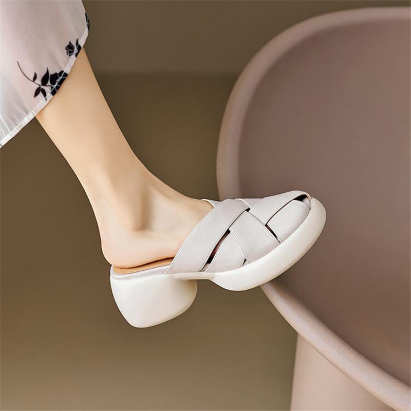 Fashion 2025 Summer Sandals Split Leather Round Toe Slippers Platform Gladiator Shoes Chunky Heels Shoes for Women Handmade High Heels