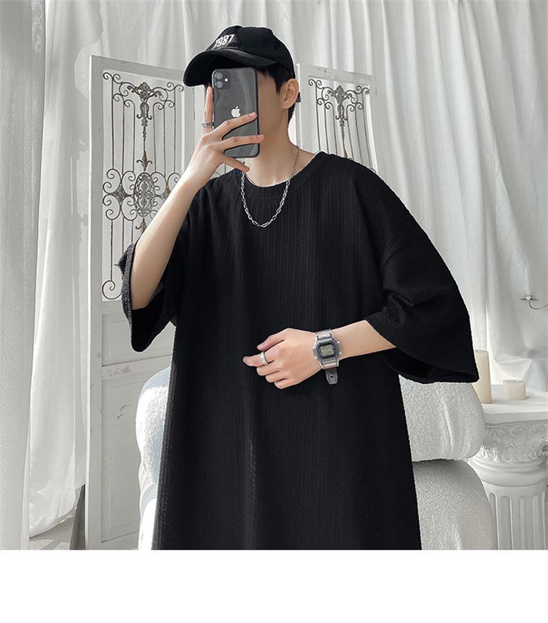 Heavyweight Men's Short-Sleeve T-shirt, Japanese Trendy Loose Fit, Casual Pure Color Three-Quarter Sleeve Tee