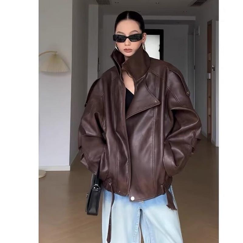 Women's American Retro Coffee Leather Motorcycle Jacket (Autumn 2024) - Short, Loose, Slimming Design