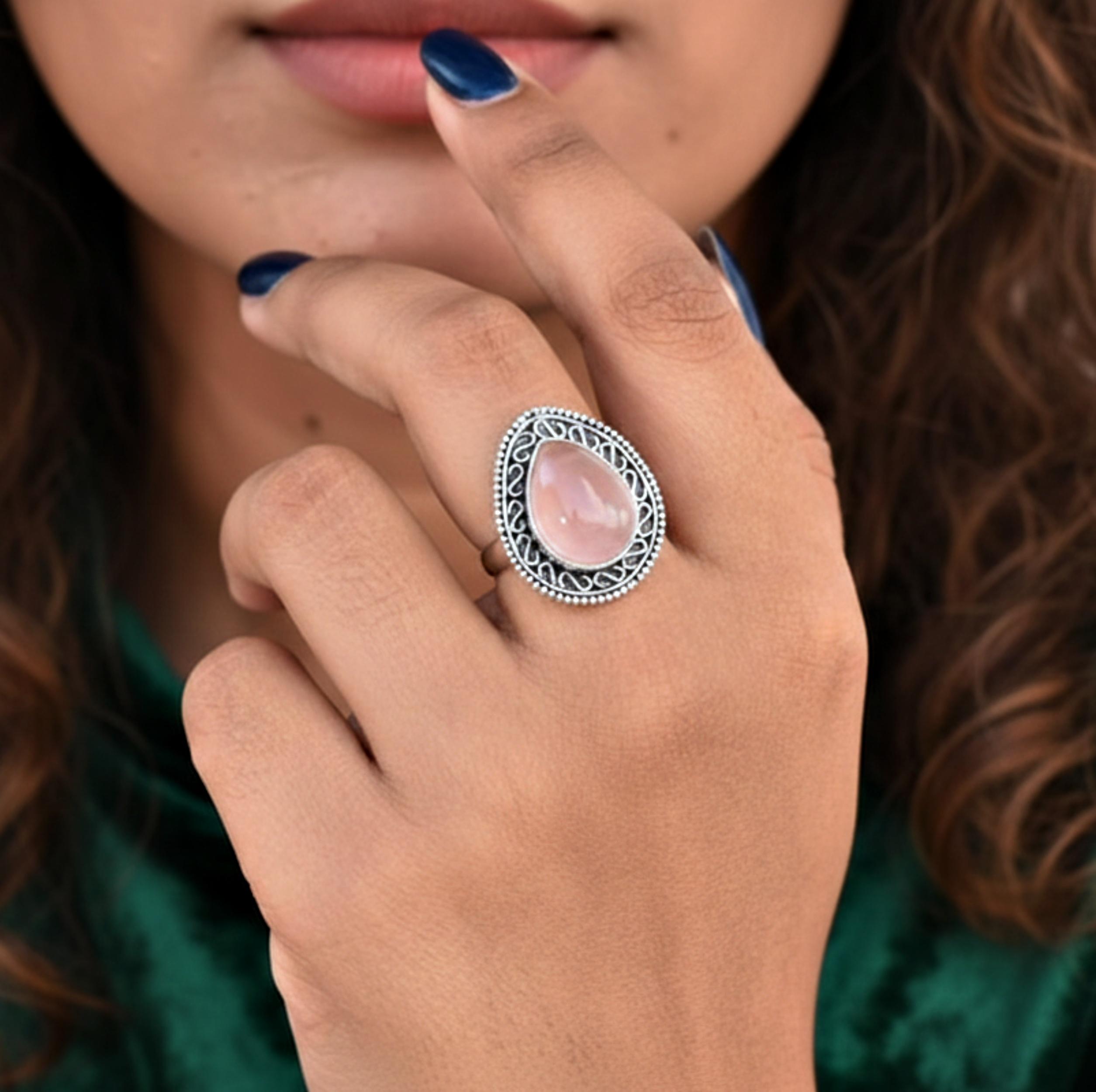

Кольцо-заявление из розового кварца: Серебро 925 пробы, Кольцо обещания для нее, Богемные украшения 12 серебряный