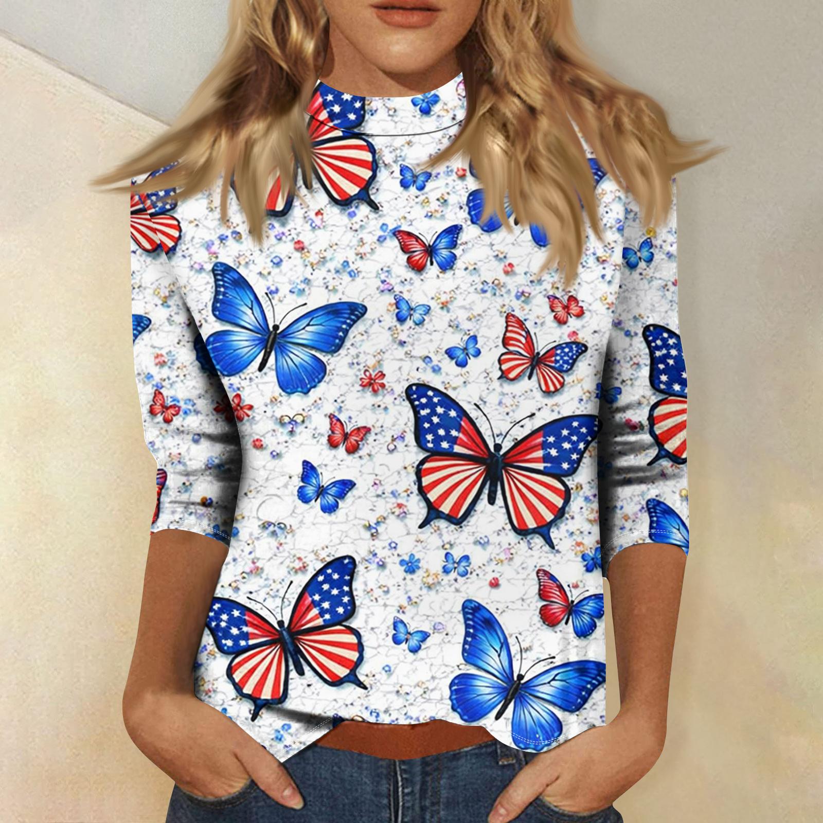 

Women s Fashionable Casual Mid-Neck 3/4 Sleeve Independence Day Print T-Shirt Top XL небо синє кольору