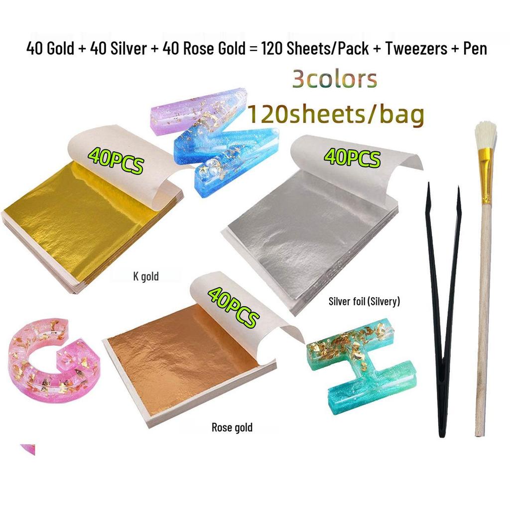 Taiwan Three-Color Imitation Gold Leaf: DIY Colored Foil Epoxy K Gold, Silver, Rose Gold Sheets (90-150/Pack)