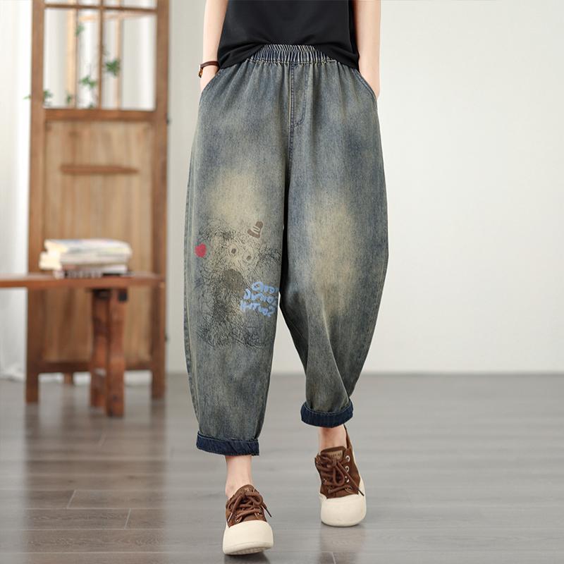 DIMANAF 2026 Été Nouveau Grande Taille Femmes Jeans Taille Élastique Imprimé Pantalon Long Lâche Décontracté Impression Denim Coton Pantalons Pantalon