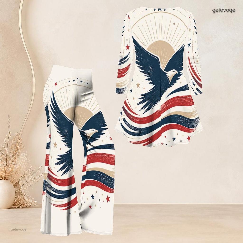 Women Plus Size Round Neck Three Quarter Sleeve Eagle Printed Flared Top Flared Pants Two Piece Set