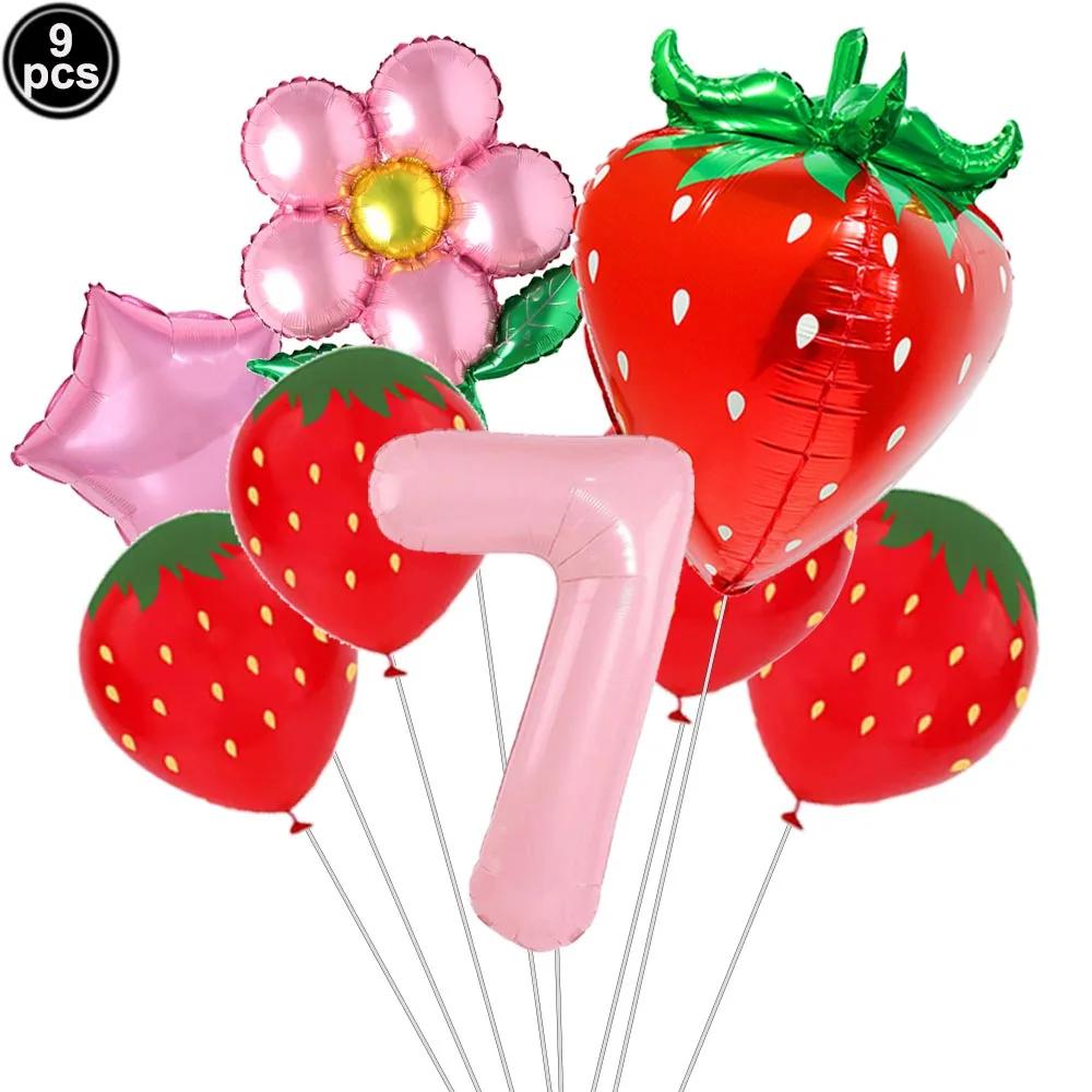 9pcs Strawberry Balloons Kits Birthday Decorations for Girls 32inch 0-9 Number Balloons for Strawberry Birthday Party Decors