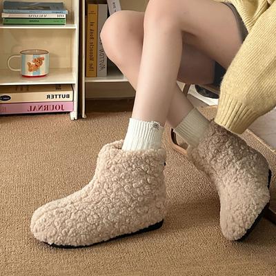 Mode Retro Flache Schneestiefel Damen 2025 Neu Winter Gefüttert Warm Weiche Sohle Baumwollschuhe für Damen Lässig Einfarbig Slipper Flauschige Stiefeletten