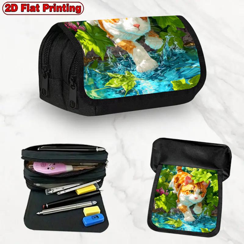 1pc Large Capacity Double Layer Flip Pencil Case Suitable For, Office & Travel - Cute Cat In Water Design with Kitten, Zipper Closure, for Supplies, I