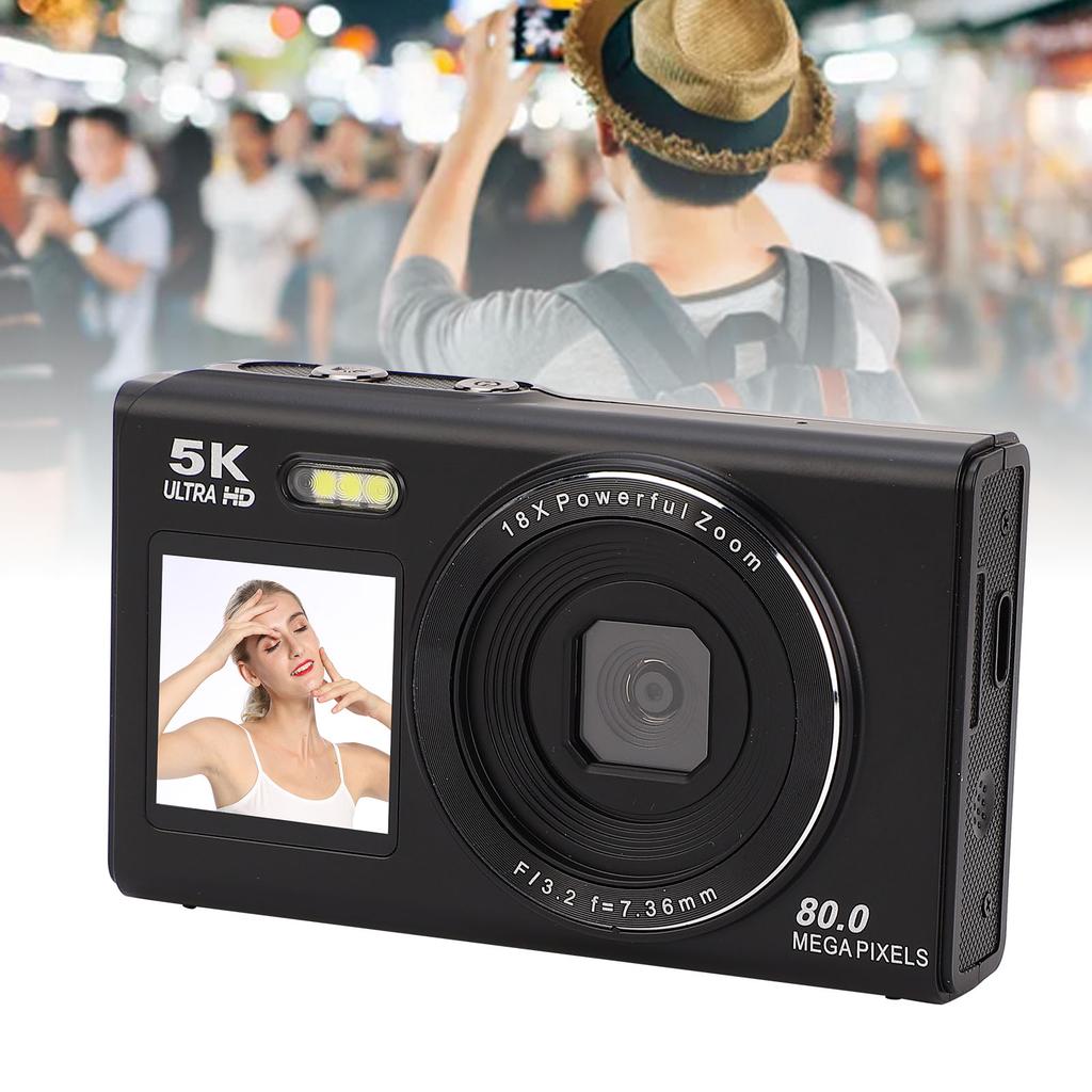 Digital Camera 5K 80MP Double Screen Autofocus 18x Zoom WiFi Camera with Flash for Travel Live Streaming