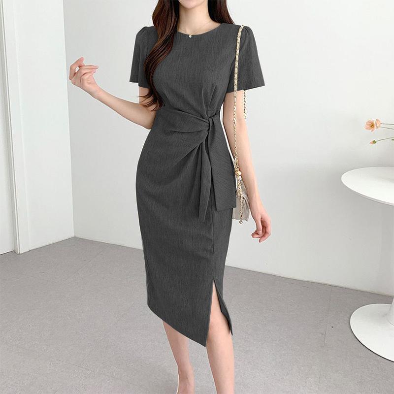 VONDA Summer Women Lace Up Solid Color Long Dress