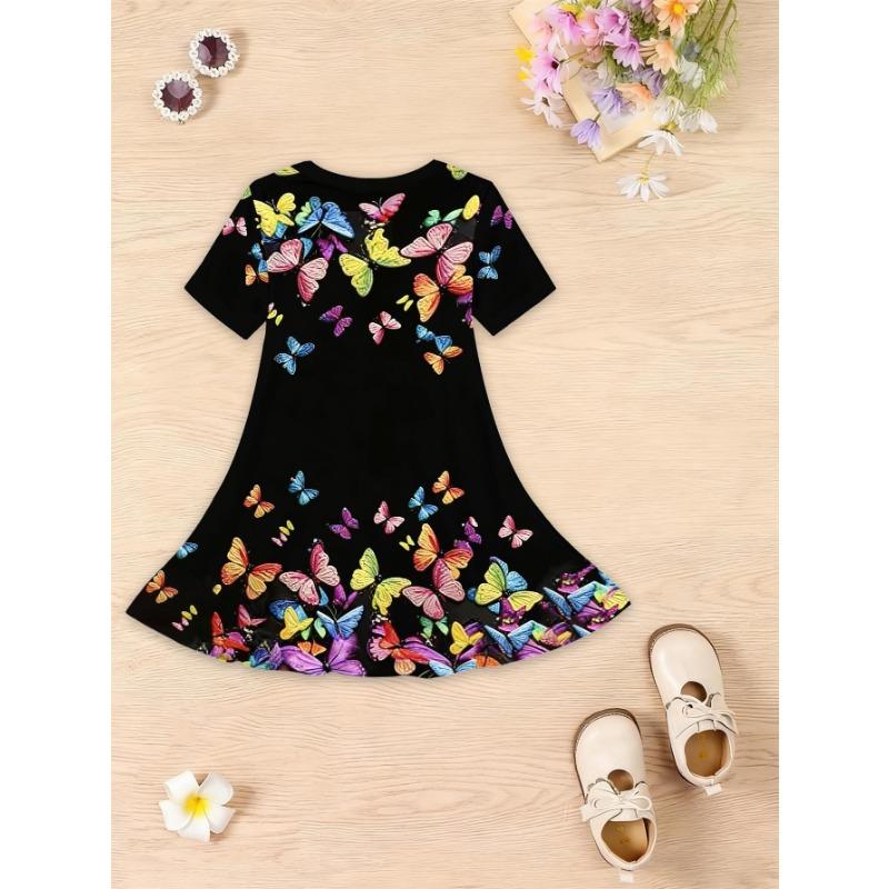 Girls' Short-Sleeve Dress with Unicorn 3D Print - -Line Mid-Length Dress Suitable for Summer &