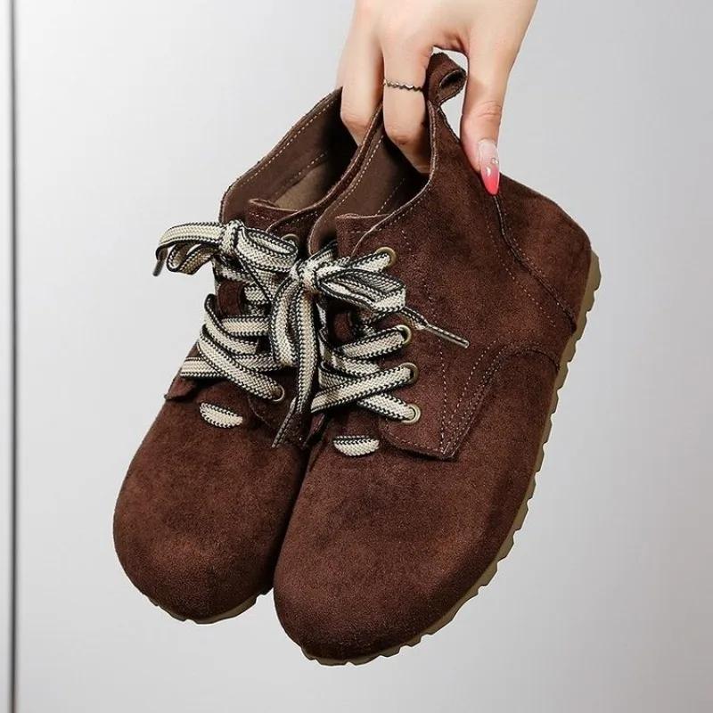 Fashion Flat Single Boots Women's Fashion Round Toe Suede Front Lace-Up Soft Sole Anti-Slip Wear-Resistant Short Shoes