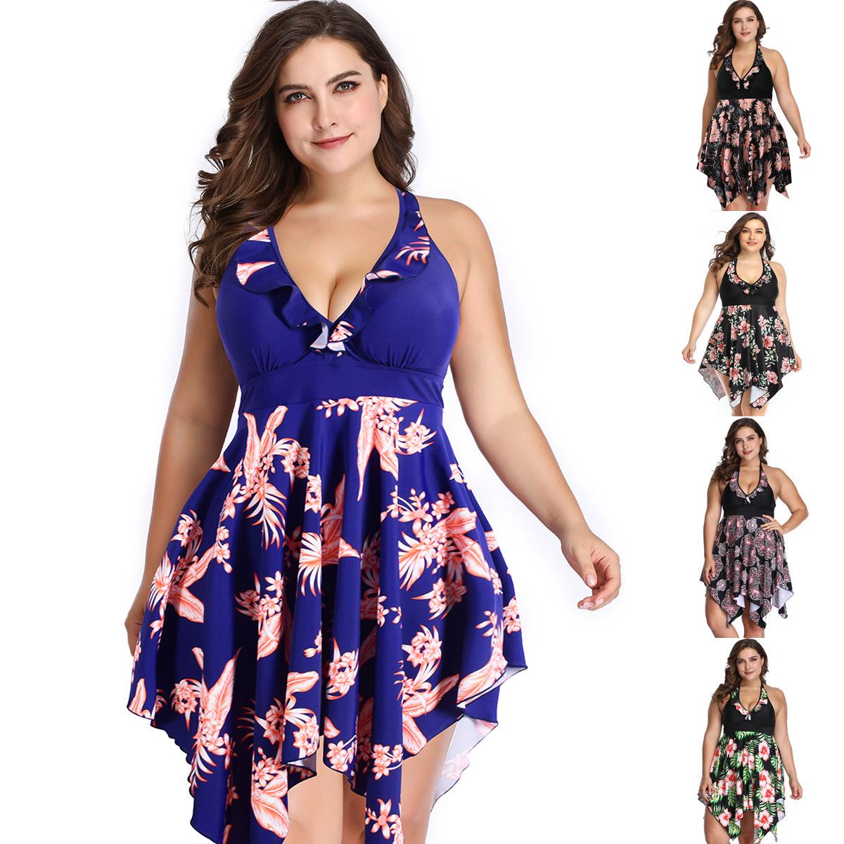 

European & American Plus Size Women s Tummy Control Skirted Swimsuit - Cross-Border, Conservative, Gathered, Split Style. 4XL