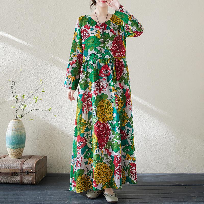 Big Size Women's Printed Cotton Linen Long Dress Female Spring and Summer Loose Literary Temperament Thin Round Neck Retro Long-sleeved Dresses