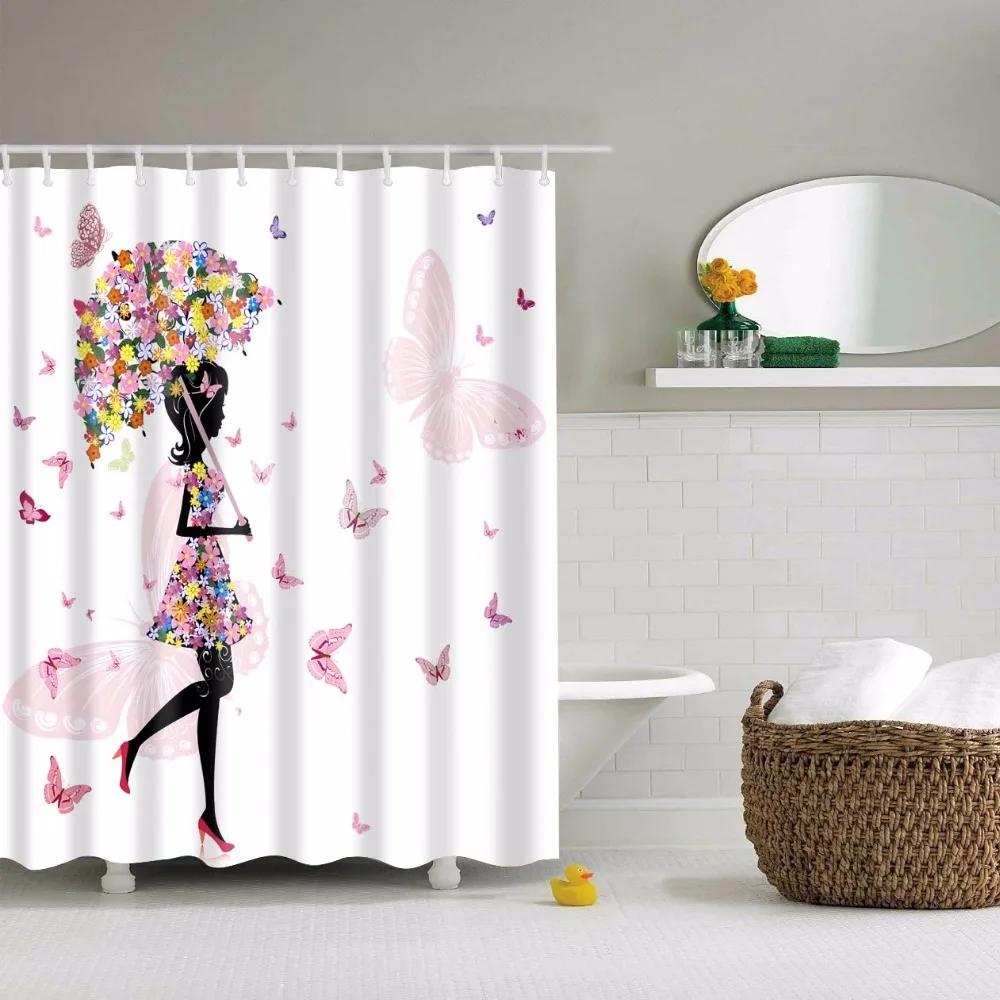 Beautiful Floral Fairy Shower Curtains Portrait Women Girl Waterproof Bath Curtain Bathroom Curtain Shower Curtain Hooks