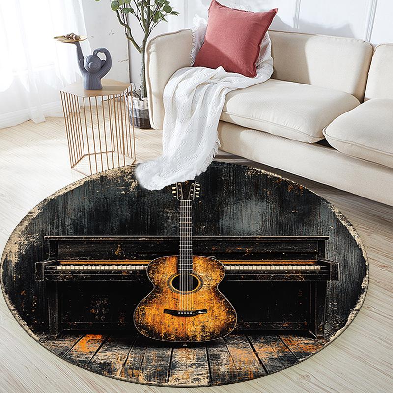 Guitar and Piano Round Area Rug,Carpet Rug for Living Room Bedroom Sofa Playroom Decor,Non-slip Floor Mat