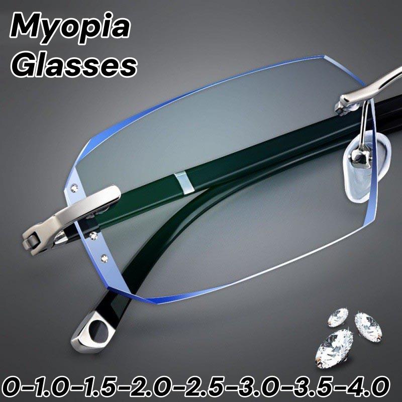 Vintage Luxury Myopia Glasses for Women Men Anti Blue Light Finished Near Sight Eyeglasses Retro Frameless Minus Eyewear Diopter