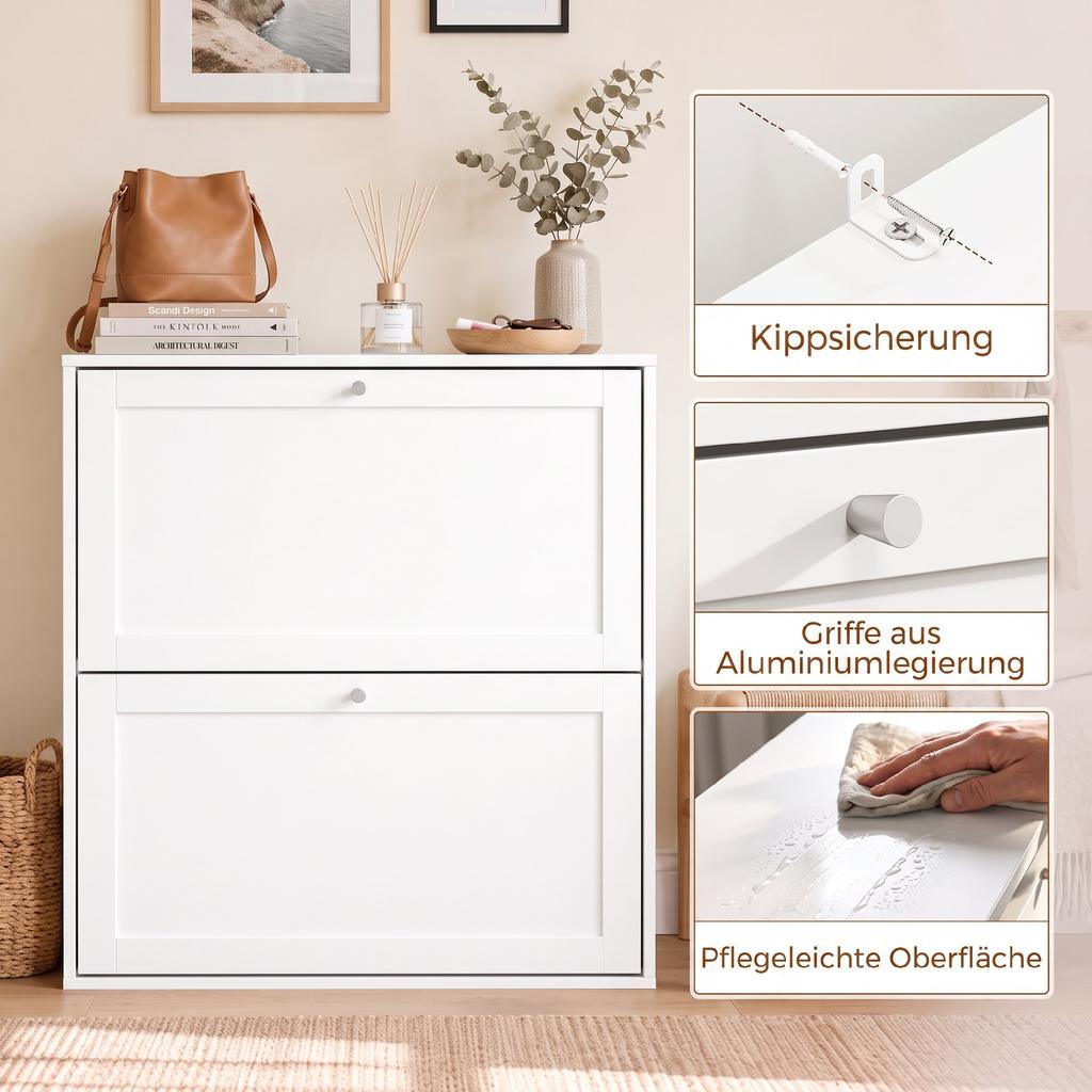 Shoe Cabinet With 2 Flip Compartments Adjustable Shelves For Up To 8 Pairs Of Shoes White