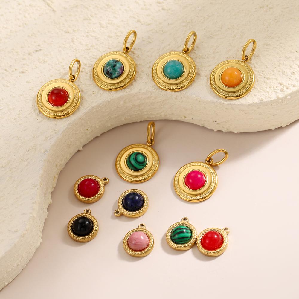 CARLIDANA Vintage Stainless Steel Pendant Gold Plated Multi-Colored Round Natural Stone Handmade Diy Necklace Jewelry Charms