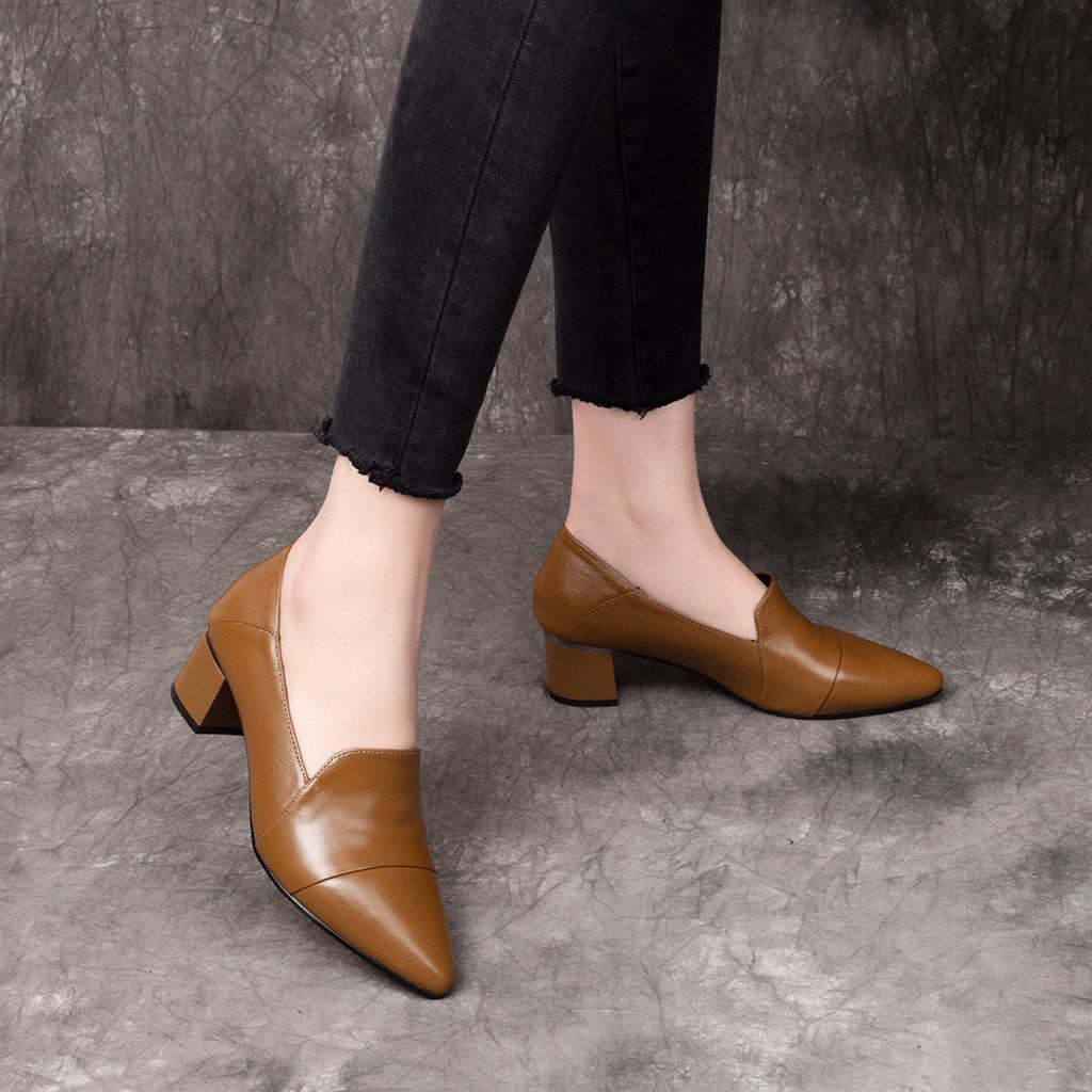 High heels women's spring new comfortable cowhide pointed thick heel medium heel work shoes one shoe two wear low-top shoes