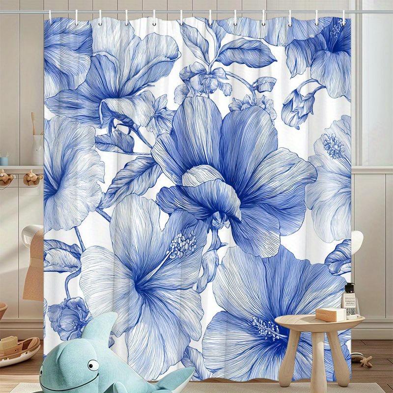 1Pc Blue Hibiscus Botanical Floral Pattern Shower Curtain, Polyester Fabric, Machine Washable, Suitable For Bathroom Decoration
