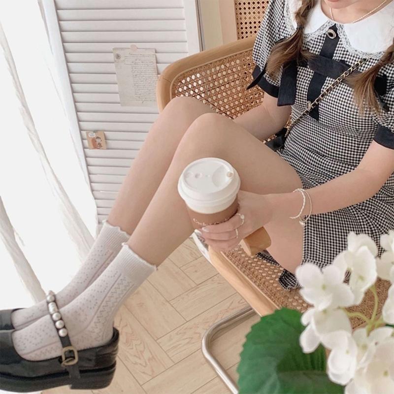 Womens Eyelet Crew Socks, Thin Comfort Breathable Dress Socks, Above Ankle Crew Socks for Womens Schoold Girl