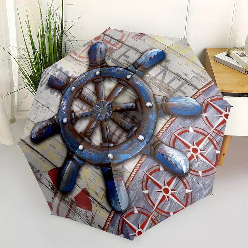 1pc Nautical Wheel Compass Decor Umbrella with Plastic Handle,Suitable for All Seasons Umbrellaptys26073