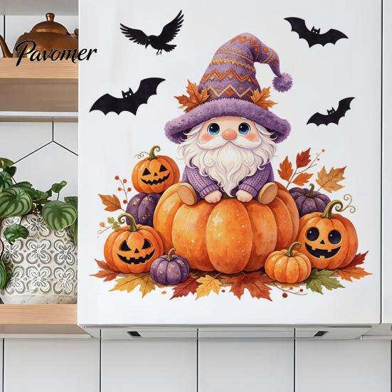 Cartoon Gnome Pumpkin Wall Decor Halloween Dwarf Stickers, Self Adhesive Removable PVC Decals, Autumn Leaves Festival Atmosphere Stickers And