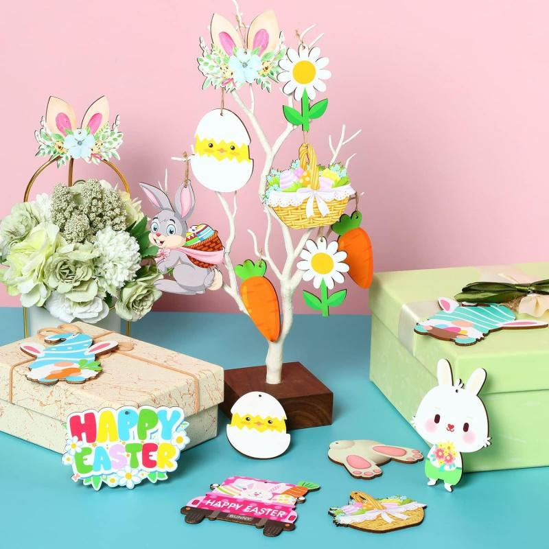 24 Stück Oster-Holzornamente Dekorative Hasen-Eier LKW-förmige Holzscheiben Feiertagsdekorationen Niedliche Hasen-Tischornamente