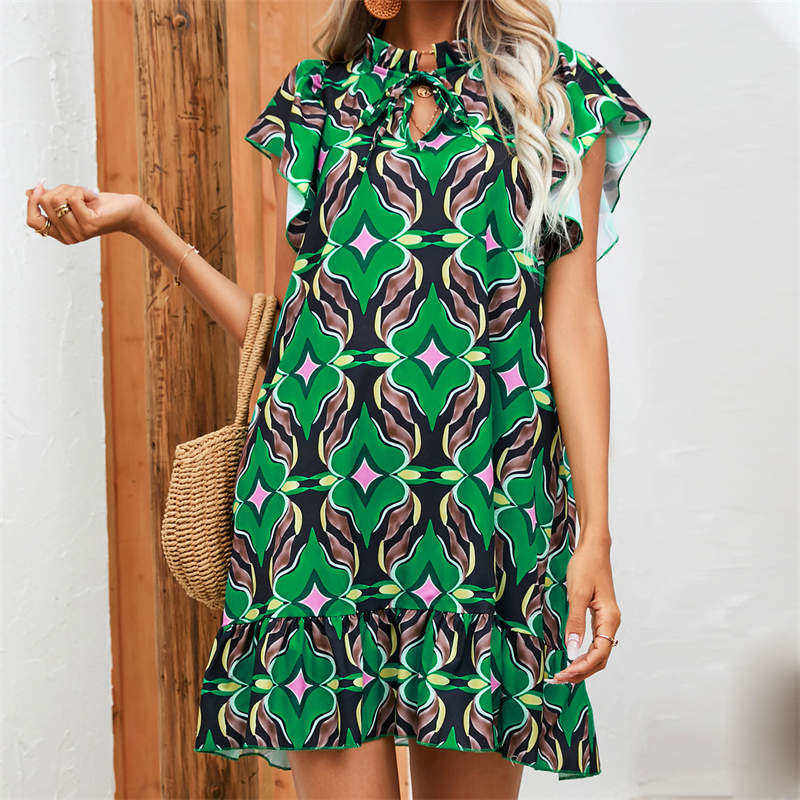 

Летнее платье с коротким рукавом и круглым воротником, юбка с принтом, юбка-трапеция, мода XXL